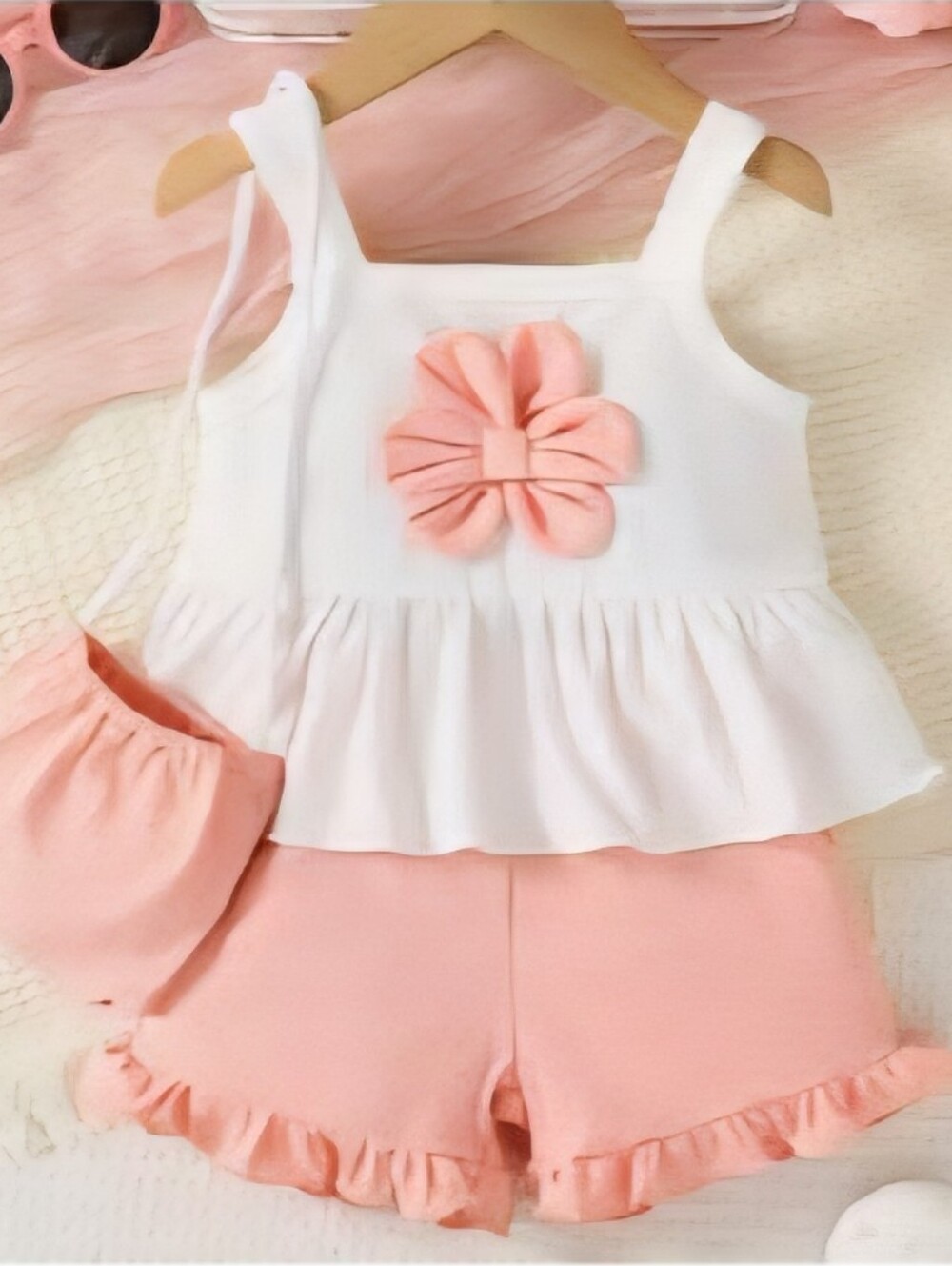 Girl's White Tank Top & Peach Shorts Set with Flower Accent And Purse, Size 2-3Y
